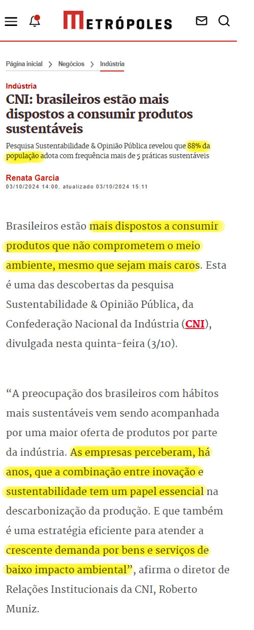 Notícia sobre consumo de produtos sustentáveis