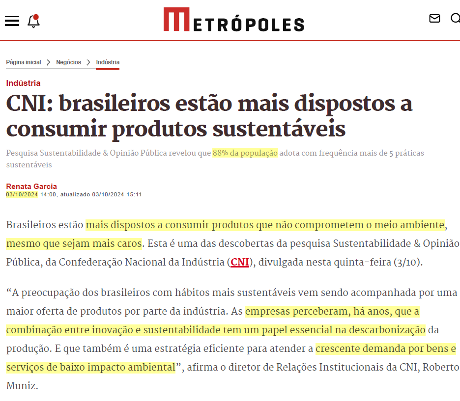 Notícia sobre consumo de produtos sustentáveis